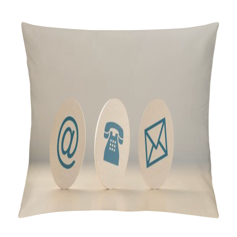 Personality  Wooden Round Telephone, Envelope Letter And E-mail Symbols In A Row On Wooden Table Background, Contact Us Symbols Or Banner, 3D Illustration Pillow Covers