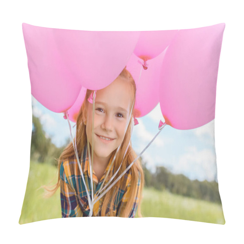 Personality  Portrait Of Cute Child With Pink Balloons Looking At Camera In Summer Field Pillow Covers