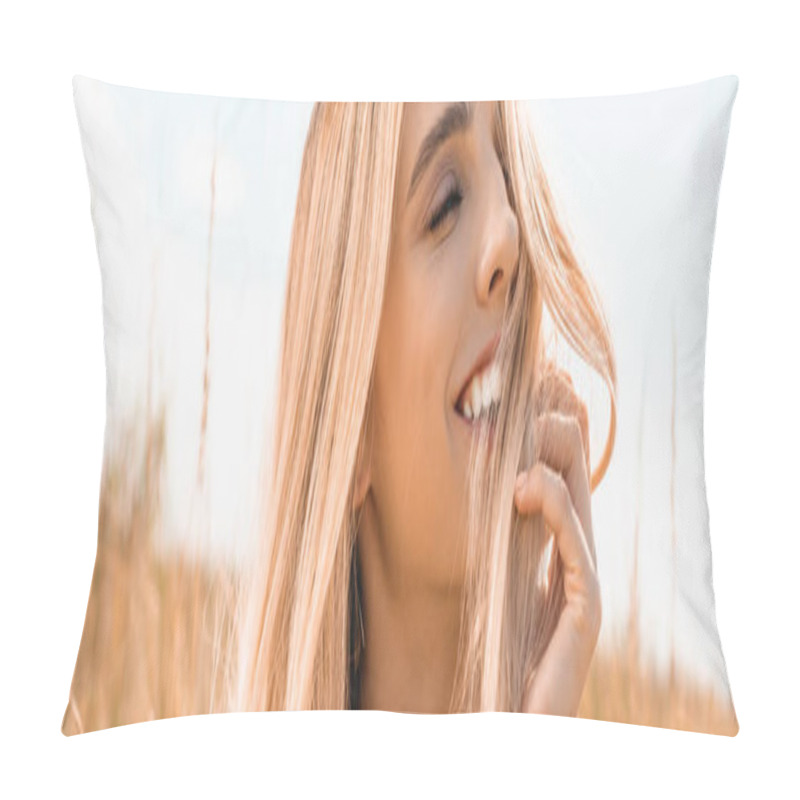 Personality  Horizontal Image Of Excited Blonde Woman Touching Hair While Looking Away  Pillow Covers