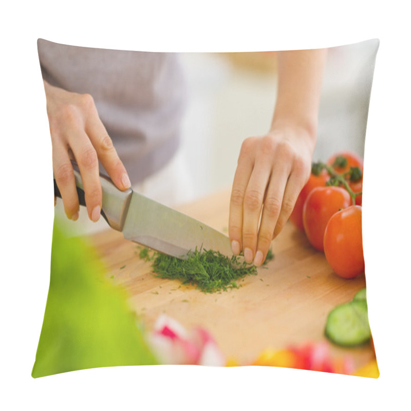 Personality  Closeup On Woman Cutting Fresh Dill Pillow Covers