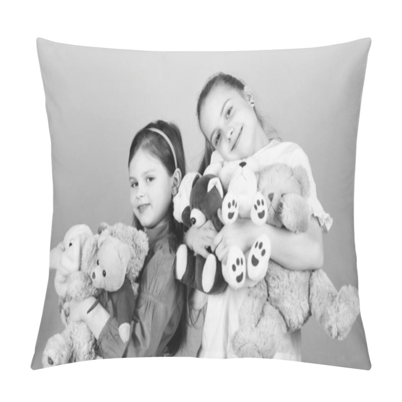 Personality  Happy Childhood. Handmade. Sewing And Diy Crafts. Playground In Kindergarten. Toy Shop. Childrens Day. Small Girls With Soft Bear Toys. Little Sisters Girls Playing Game In Playroom. Playing Together Pillow Covers