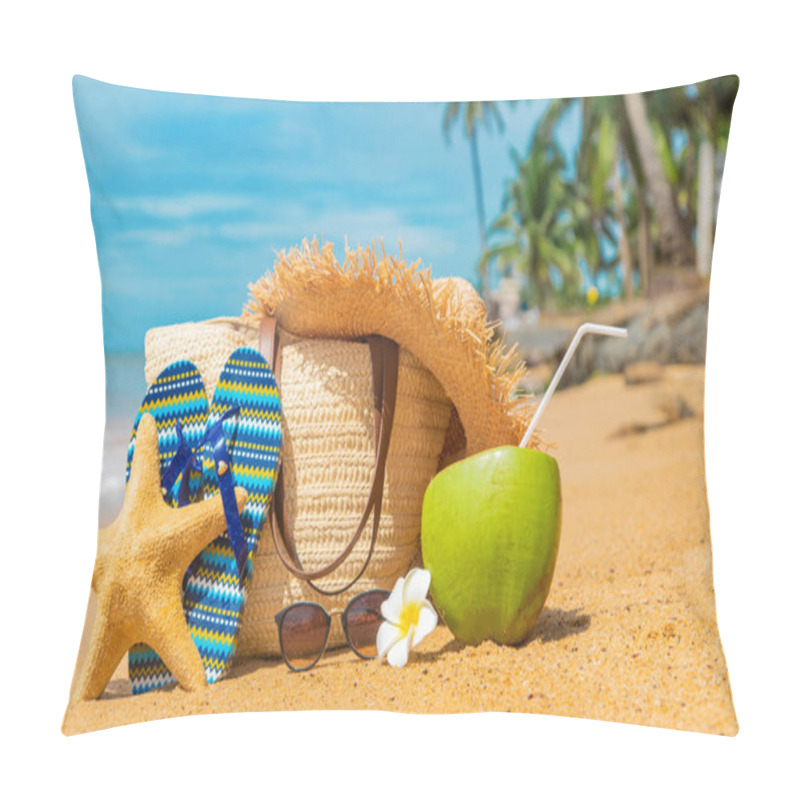 Personality  Beach Bag And Coconut At Sea. Selective Focus. Pillow Covers