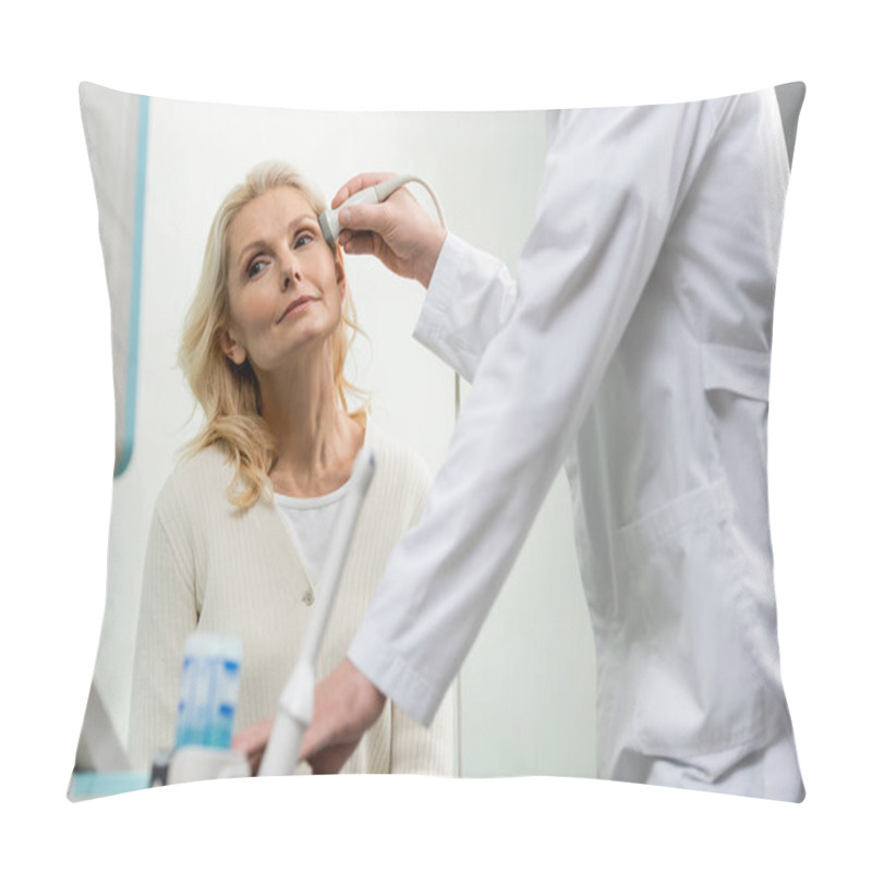 Personality  Blonde Woman Looking At Ultrasound Machine While Doctor Examining Her Head Pillow Covers