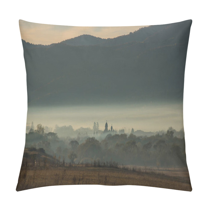 Personality  Mountain Village View In Misty Morning. Haze At Dawn Over The Church Tower Pillow Covers