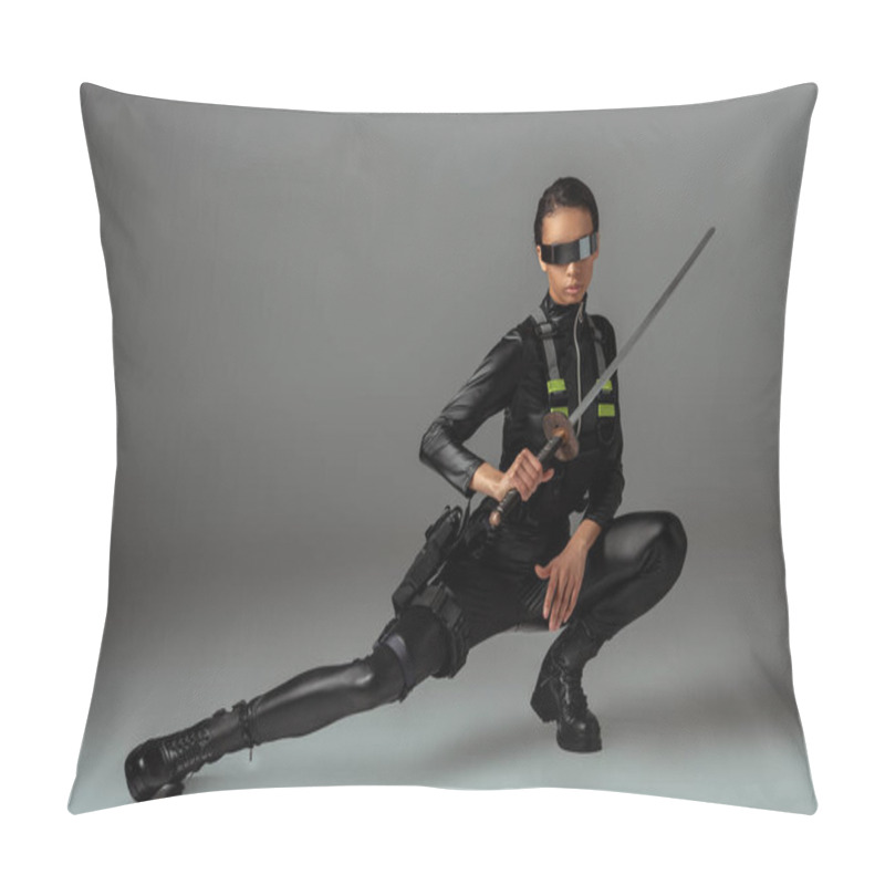 Personality  Attractive Futuristic African American Woman In Glasses Sitting With Sword On Grey Pillow Covers