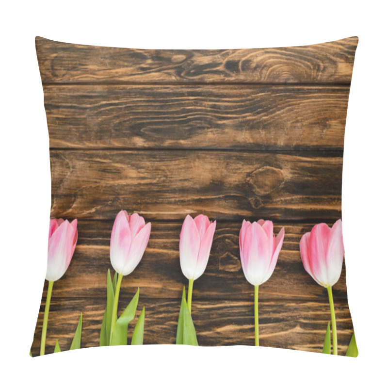 Personality  Top View Of Pink Tulips On Wooden Surface, Mothers Day Concept  Pillow Covers