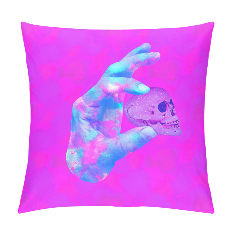 Personality  Contemporary Minimal Art Collage. Skulls And Hand In Purple Abstract Space. Halloween Party Concept Pillow Covers