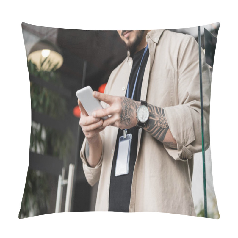 Personality  Cropped View Of Bearded Businessman In Casual Wear Standing With Badge And Chatting On Smartphone Pillow Covers