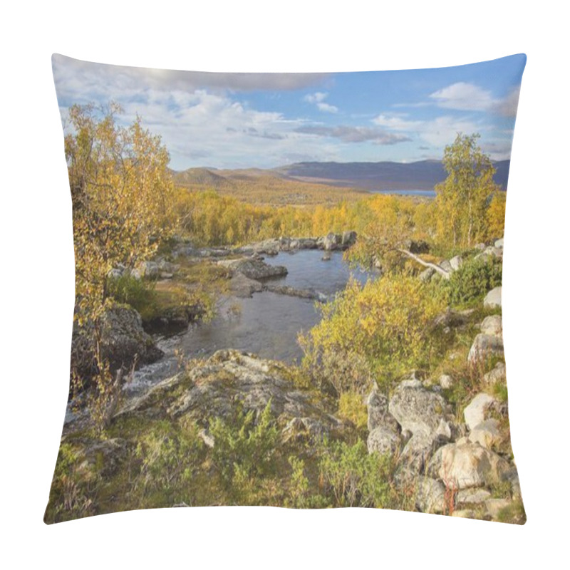 Personality  Autumn Stream Near A Waterfall On Tsahkaljoki River With A View Of Lake Kilpisjravi In Kilpisjrvi, Finland Pillow Covers