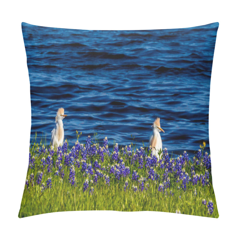 Personality  Egrets In Texas Bluebonnets At Lake Travis At Muleshoe Bend In T Pillow Covers