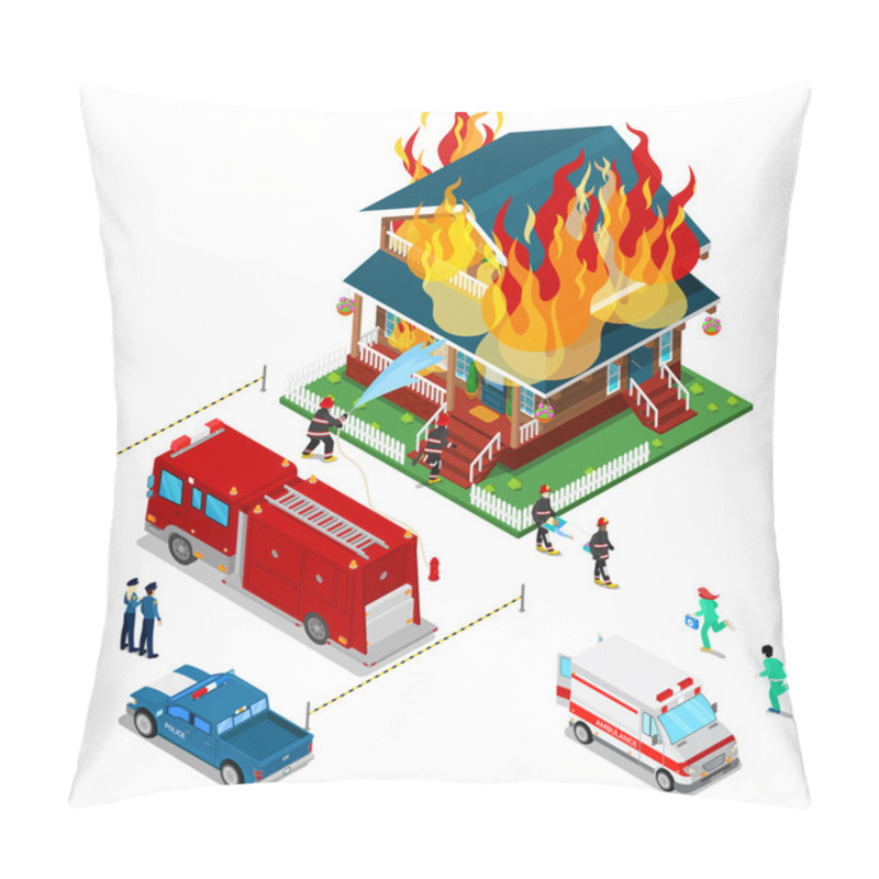 Personality  Firefighters Extinguish A Fire In House Isometric City. Fireman Helps Injured Woman. Vector 3d Flat Illustration Pillow Covers