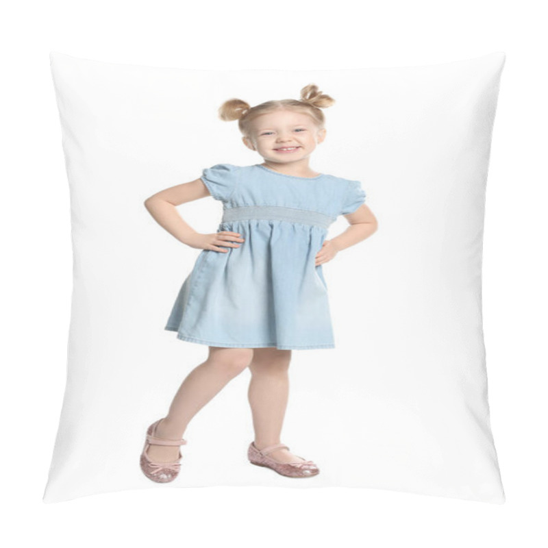 Personality  Cute Little Girl Posing On White Background Pillow Covers