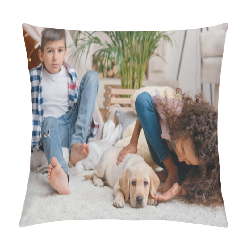 Personality  Multiethnic Children With Labrador Puppy Pillow Covers