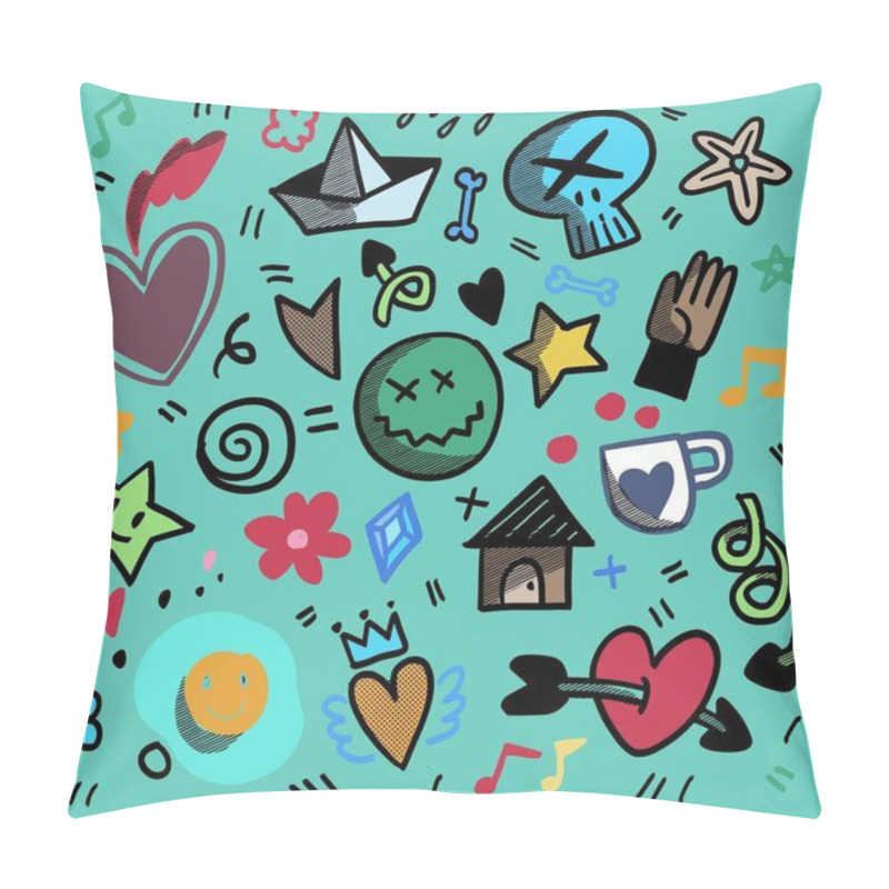 Personality  Playful Hand Drawn Doodle Icons With Hearts, Stars, And Quirky Symbols, Isolated On A Teal Background For Creative And Whimsical Designs Pillow Covers