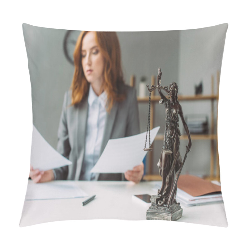 Personality  Themis Figurine On Table With Blurred Lawyer With Paper Sheets On Background Pillow Covers