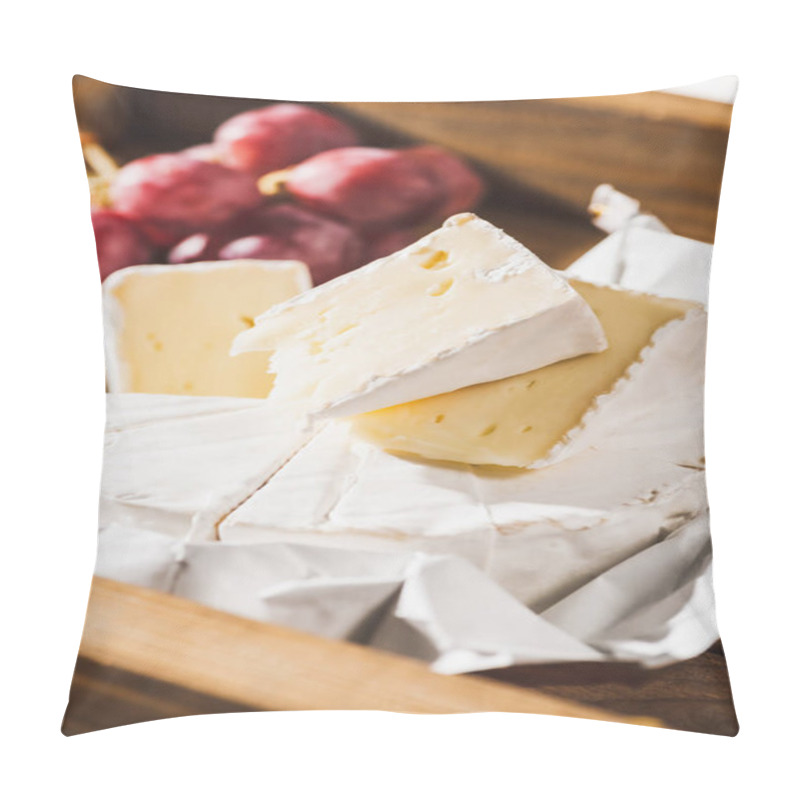 Personality  Close Up View Of French Breakfast With Camembert And Grape On Wooden Tray Pillow Covers