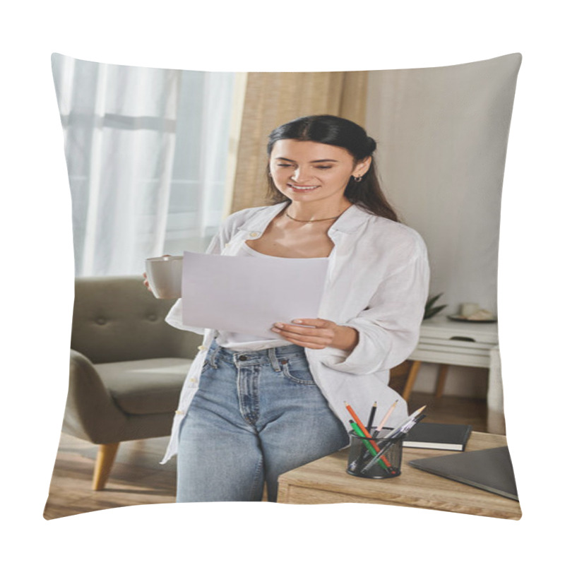 Personality  A Woman Standing In The Living Room, Holding A Piece Of Paper. Pillow Covers