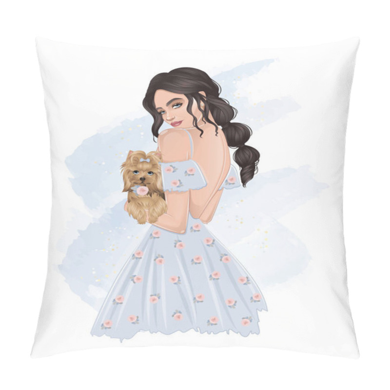 Personality  Beautiful Brunette Girl Holding A Dog In Her Hands Pillow Covers