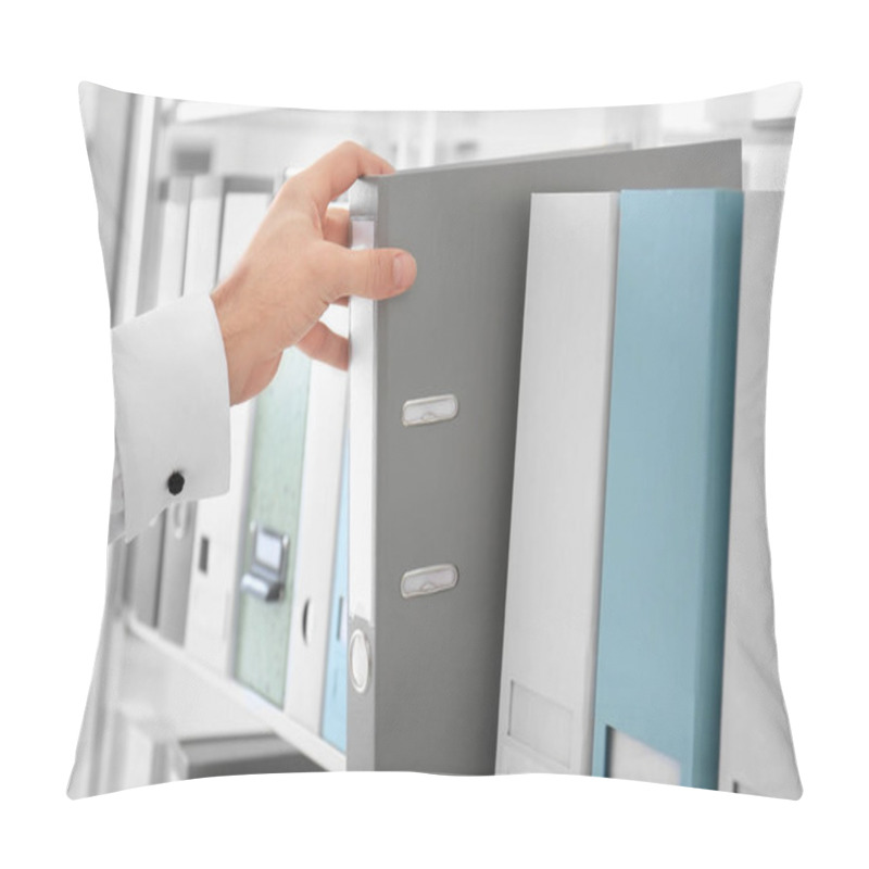 Personality  Young Man Taking Folder With Documents From Shelf In Archive Pillow Covers