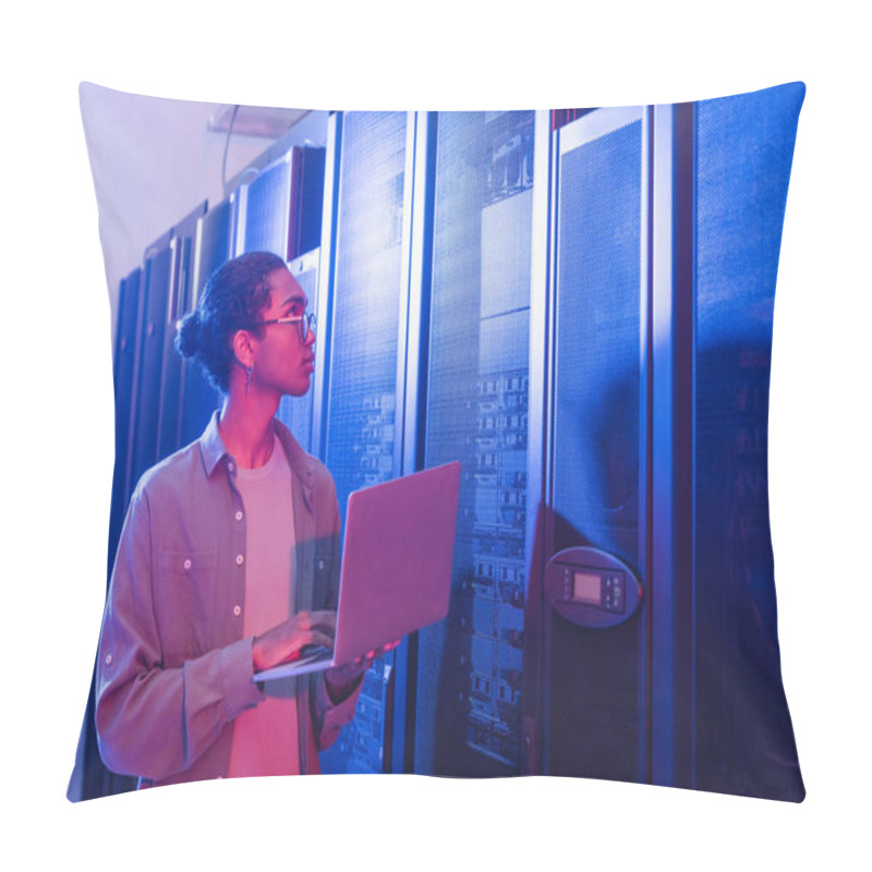 Personality  African American Programmer With Digital Tablet Working In Data Center In Neon Light Pillow Covers