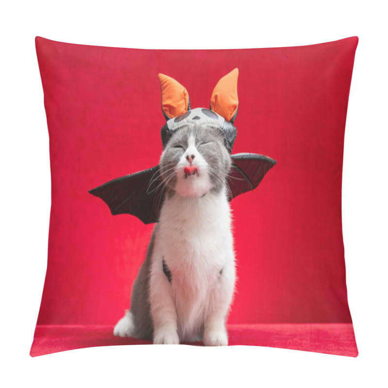 Personality  A Cute British Shorthair Cat Wears Halloween Dress With A Funny Face On Red Pillow Covers