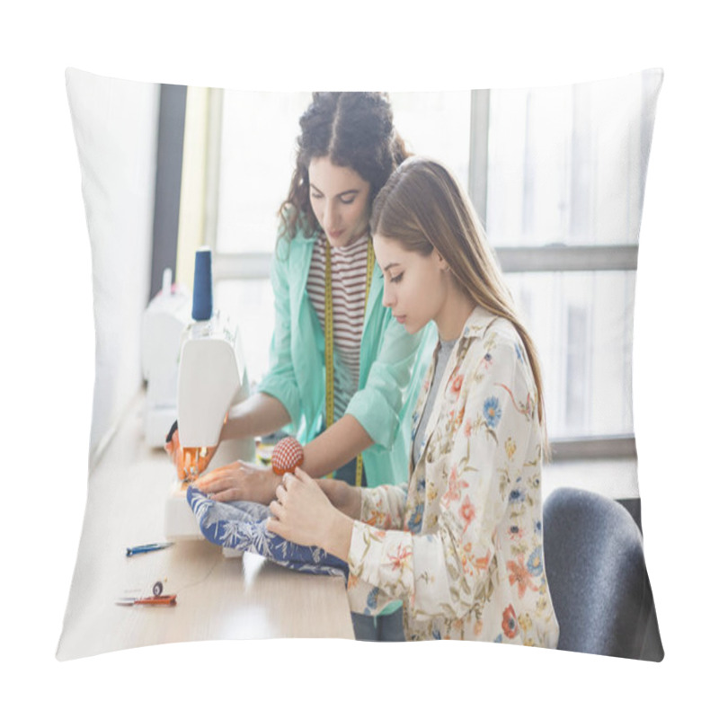 Personality  Pretty Seamstress Teaching Girl Working With Sewing Machine At Sewing Classes With Window On Background In Modern Sewing Workshop Pillow Covers