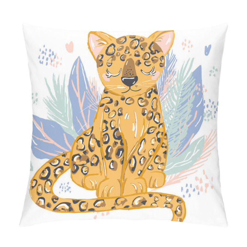 Personality  Cheetah Doodle Hand Drawn Flat Vector Illustration. Cartoon Abstract Animal In Scandinavian Style. Wild Rainforest Animal. Grass Branches With Leaves, Flowers And Spots Design Element. Tropical Pillow Covers