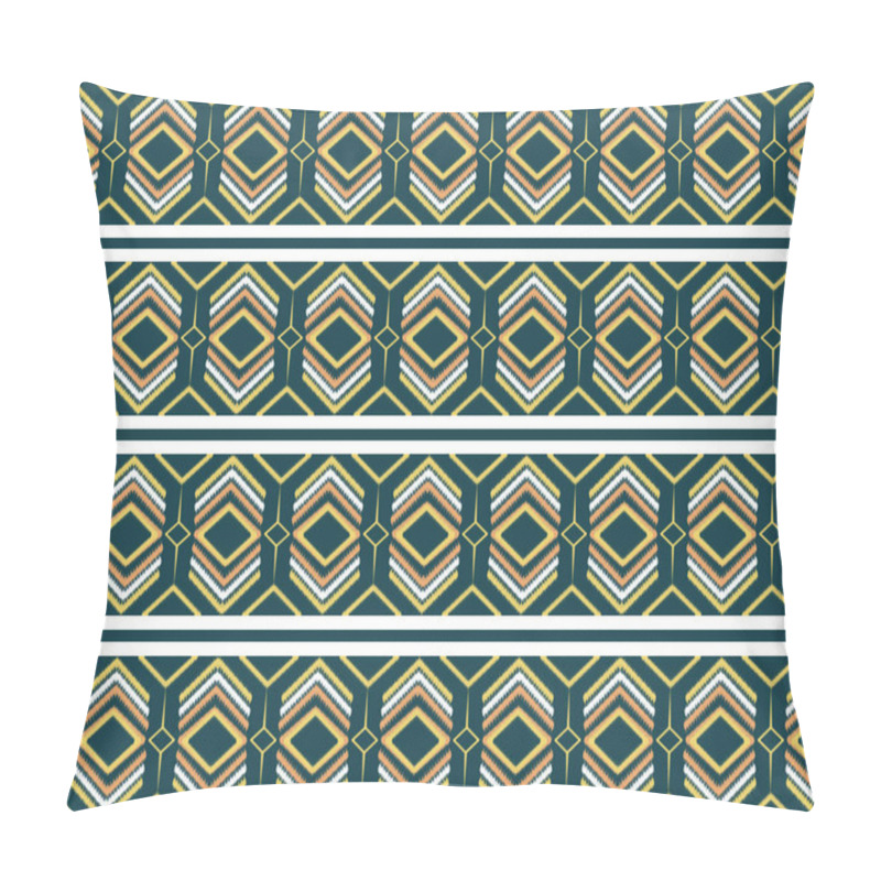 Personality  Illustration Of Ikat Fabric Pattern Abstract Green Background. Ethnic Ikat Seamless Stripes In Aztec Tribal Style. Design For Background, Wallpaper,  Fabric, Curtain, Carpet, Wrapping, Clothing, Sarong Pillow Covers