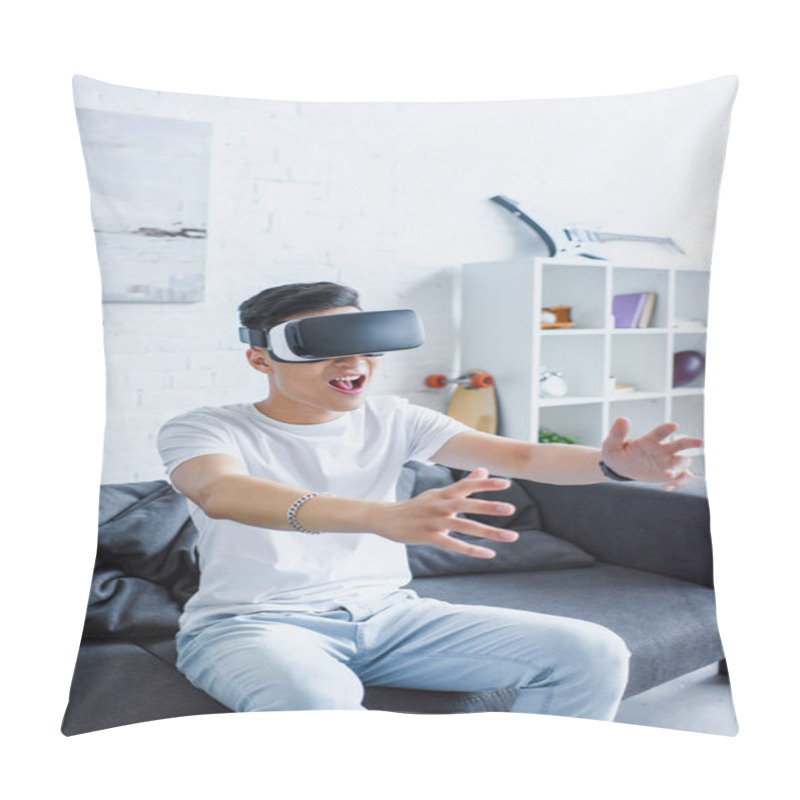 Personality  Young Man Sitting On Couch And Using Virtual Reality Headset At Home  Pillow Covers