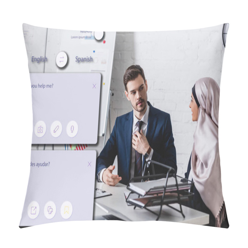 Personality  Arabian Businesswoman Near Business Partner In Office, Illustration Of Translation Application Interface Pillow Covers