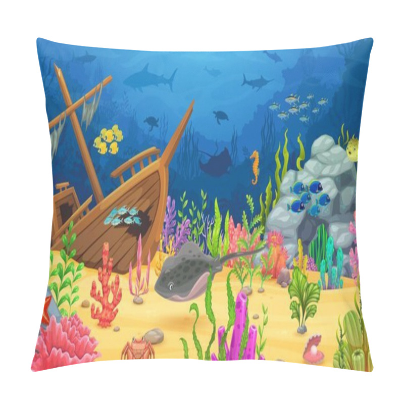 Personality  Sea Underwater Game Landscape With Sunken Ship And Stingray. Cartoon Ocean Under Water Animals And Fish On Marine Bottom Vector Background With Sharks, Corals, Crab And Seaweed, Starfish And Seahorse Pillow Covers