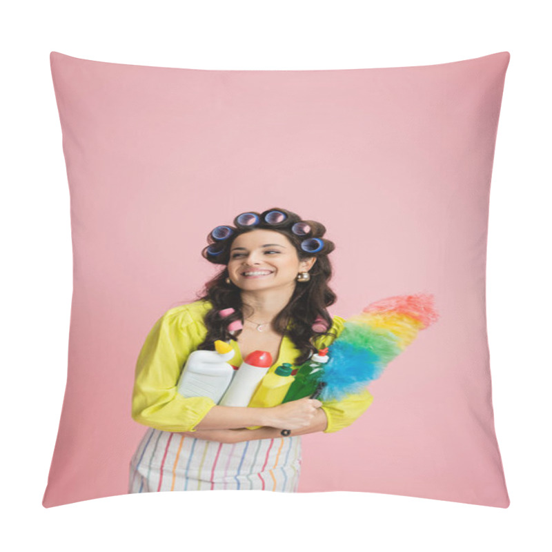 Personality  Pretty Housewife With Hair Curlers And Cleaning Supplies Smiling And Looking Away Isolated On Pink Pillow Covers