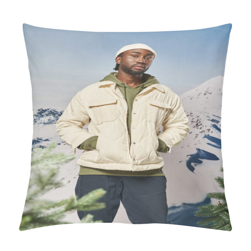 Personality  Good Looking Man In White Jacket And Beanie Hat Posing With Hands In Pockets, Fashion And Style Pillow Covers