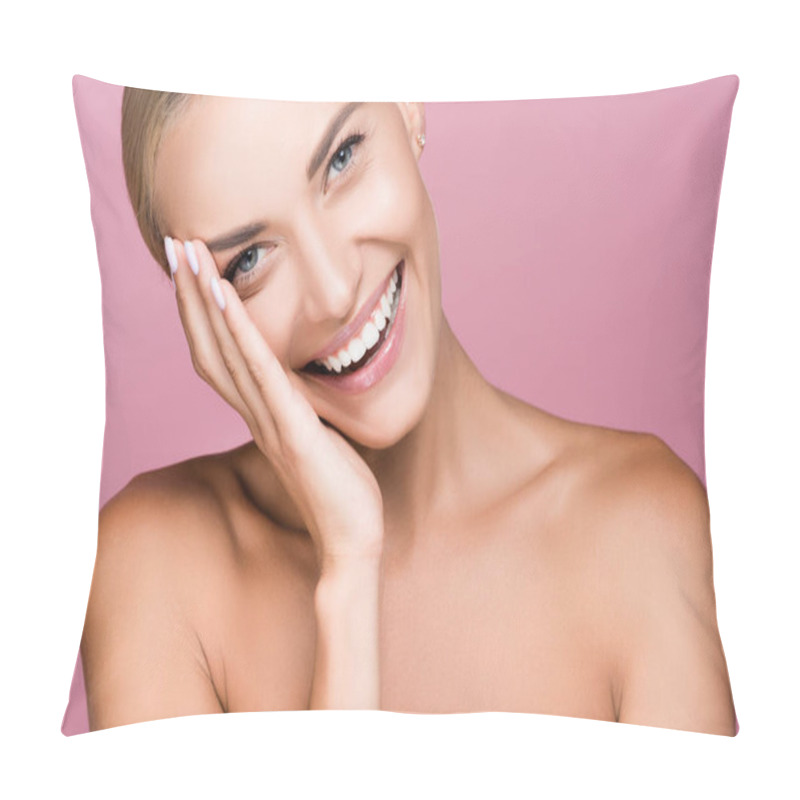 Personality  Smiling Beautiful Blonde Woman Touching Face Isolated On Pink Pillow Covers