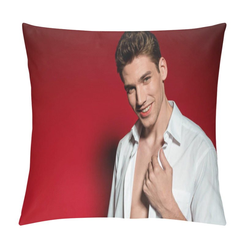 Personality  Smiling Sexy Young Elegant Man In Unbuttoned Shirt On Red Background Pillow Covers