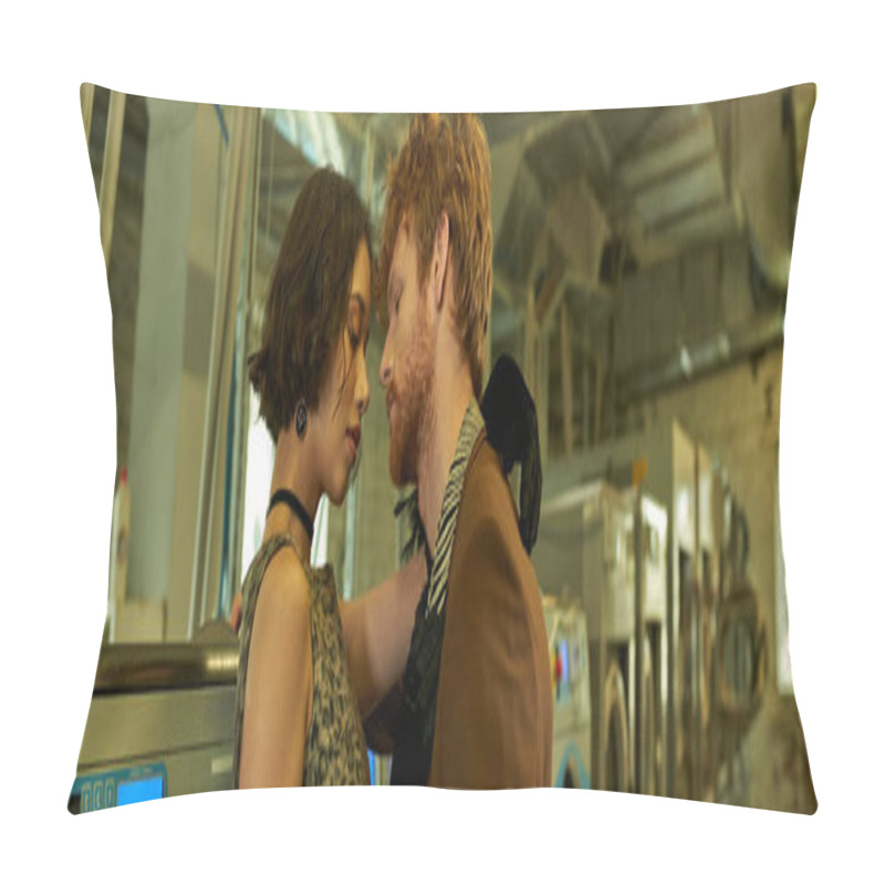 Personality  Modern And Stylish Interracial Couple Kissing Near Washing Machine In Coin Laundry, Banner Pillow Covers