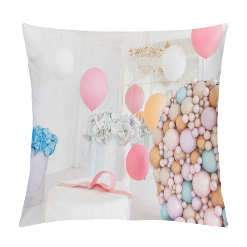 Personality  Boxes With Flowers And A Large Pudrinitsa With Balls And Balloons In Room Decorated For Birthday Party. Pillow Covers