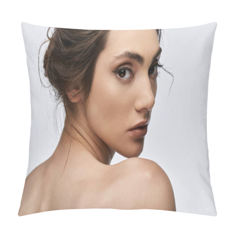 Personality  Elegant Woman Poses For Portrait, Gazing Captivates. Pillow Covers