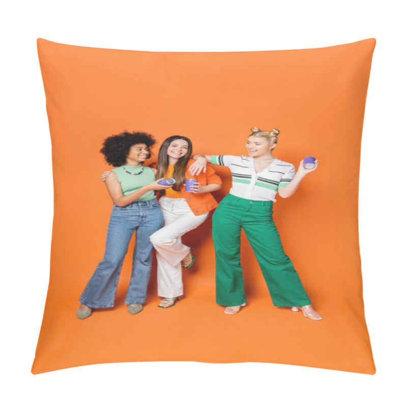 Personality  Full Length Of Positive And Multiethnic Teenage Girlfriends In Stylish Outfits Holding Canner Drink And Posing On Orange Background, Trendy Outfits And Fashion-forward Looks Pillow Covers