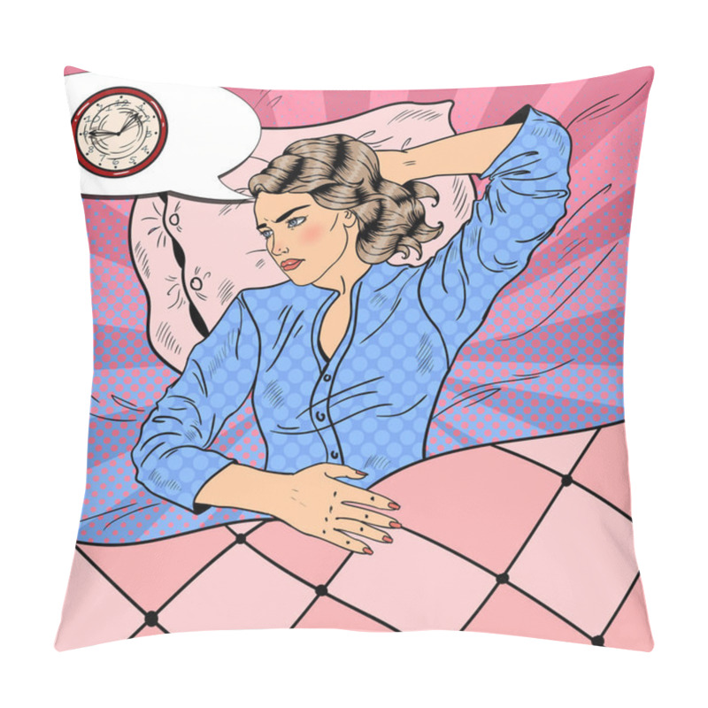 Personality  Young Woman With Insomnia Lying In Bed. Pop Art Retro Vector Illustration Pillow Covers