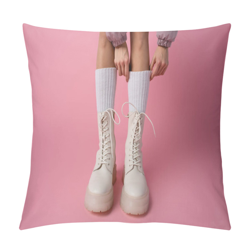 Personality  Cropped View Of Female Legs In Boots And Socks On Pink Background Pillow Covers