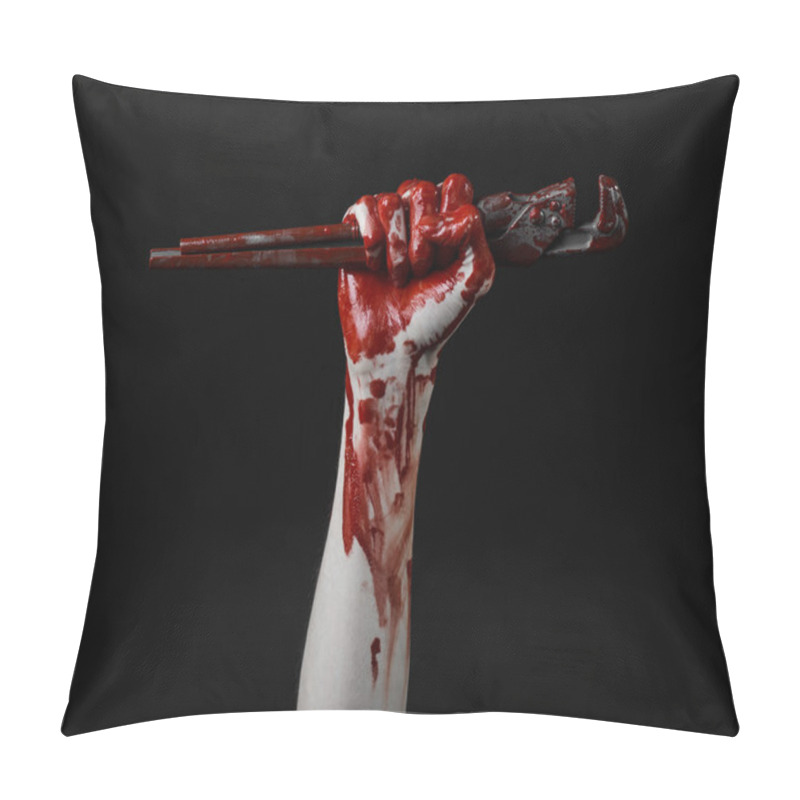 Personality  Bloody Hand Holding An Adjustable Wrench, Bloody Key, Crazy Plumber, Bloody Theme, Halloween Theme, Black Background,isolated , Bloody Hand Of An Assassin, Bloody Murderer, Psycho,bloody Monkey Wrench Pillow Covers