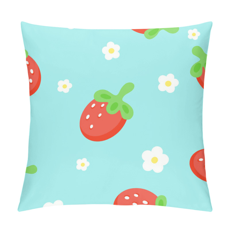 Personality  Strawberry Seamless Pattern With White Flowers On A Blue Background. Vector. Pillow Covers