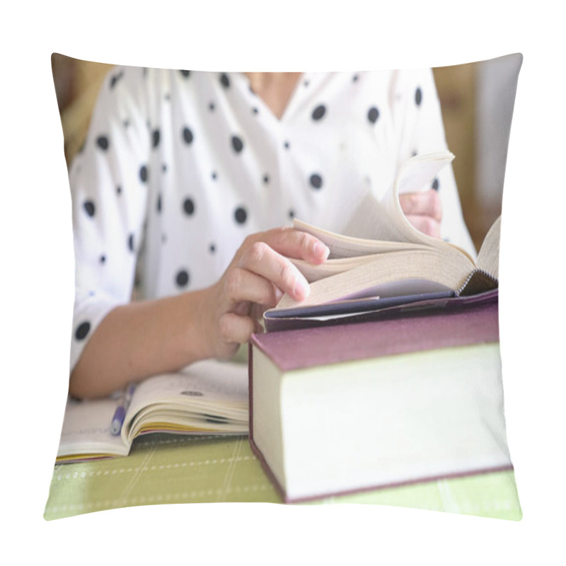 Personality  Woman Reading A Book While Doing Her Assignment. Pillow Covers