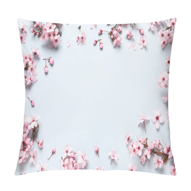 Personality  Beautiful Frame Of Spring Tree Blossoms On Light Background, Flat Lay. Space For Text Pillow Covers