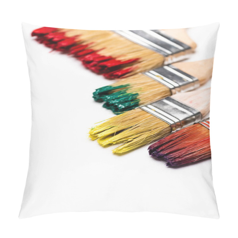 Personality  Close Up View Of Dirty Paintbrushes On White Background Pillow Covers