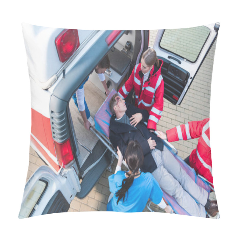 Personality  Overhead View Of Paramedic Team Moving Injured Man On Ambulance Stretcher Into Car Pillow Covers