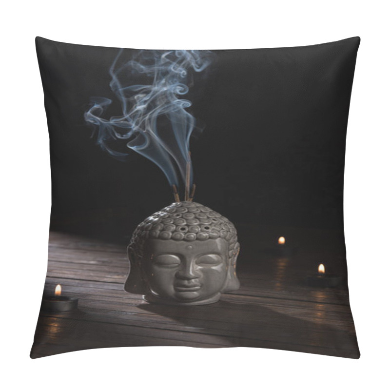 Personality  Sculpture Of Buddha Head With Burning Incense Sticks And Candles On Table Pillow Covers