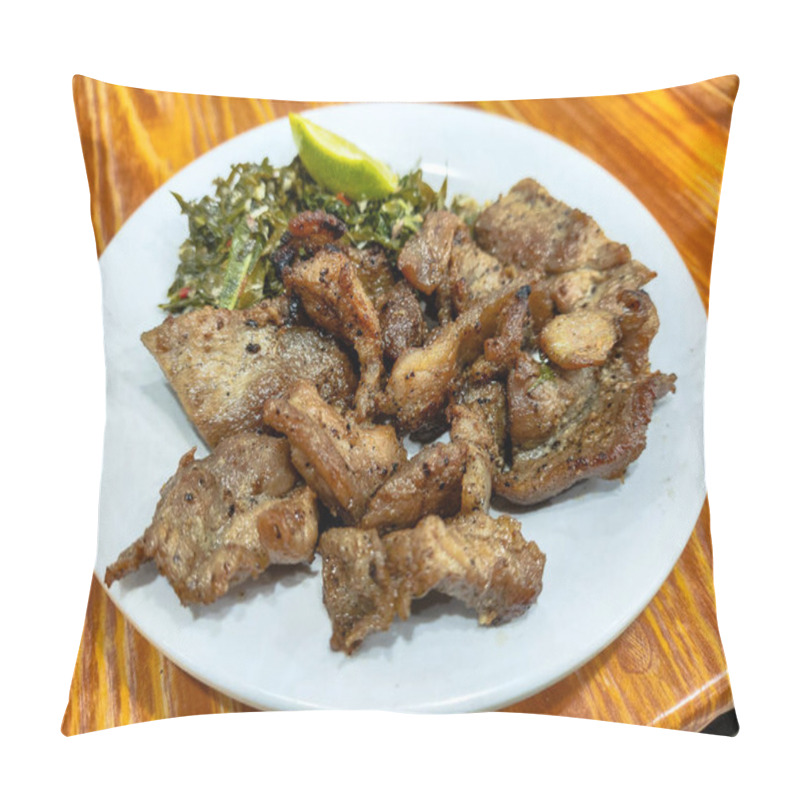 Personality  Delicious Grilled Meat Served With Fresh Greens And Lime On A White Plate Pillow Covers