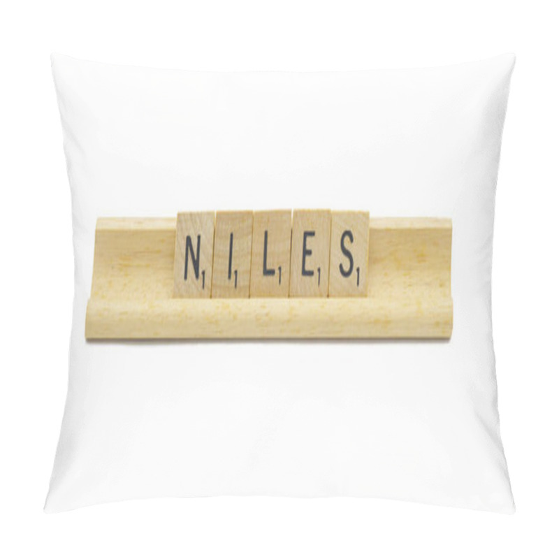 Personality  Miami, FL 4-18-24 Popular Baby Boy First Name Of NILES Made With Square Wooden Tile English Alphabet Letters With Natural Color And Grain On A Wood Rack Holder Isolated On White Background Pillow Covers